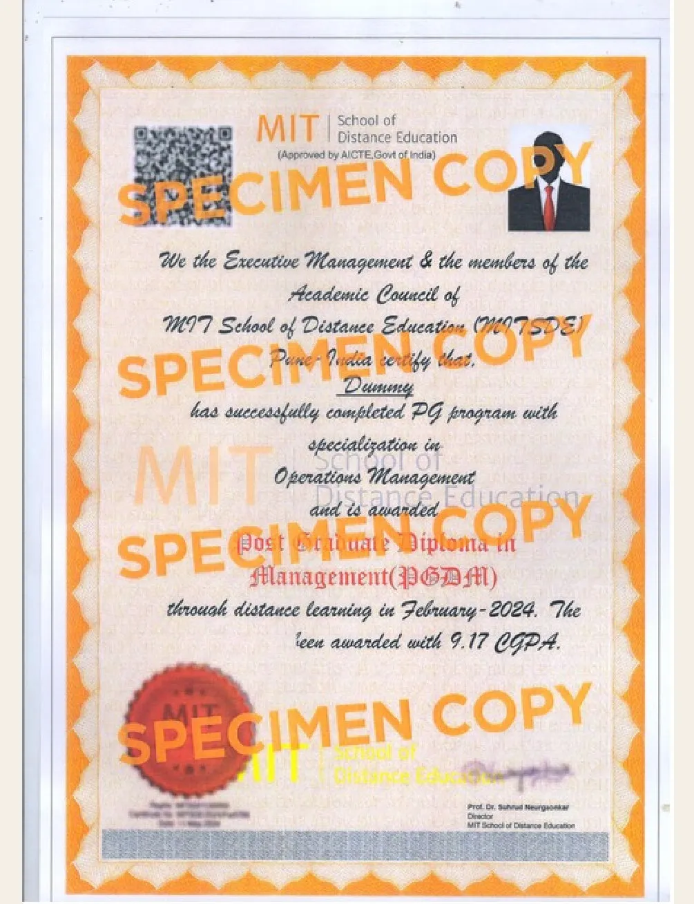 Specimen PGDM certificate from MIT School of Distance Education